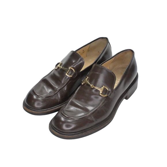 Vtg GUCCI Horsebit Loafers Womens Sz 7 Brown Leather Gold Round Toe Slip On 90s - Picture 1 of 12